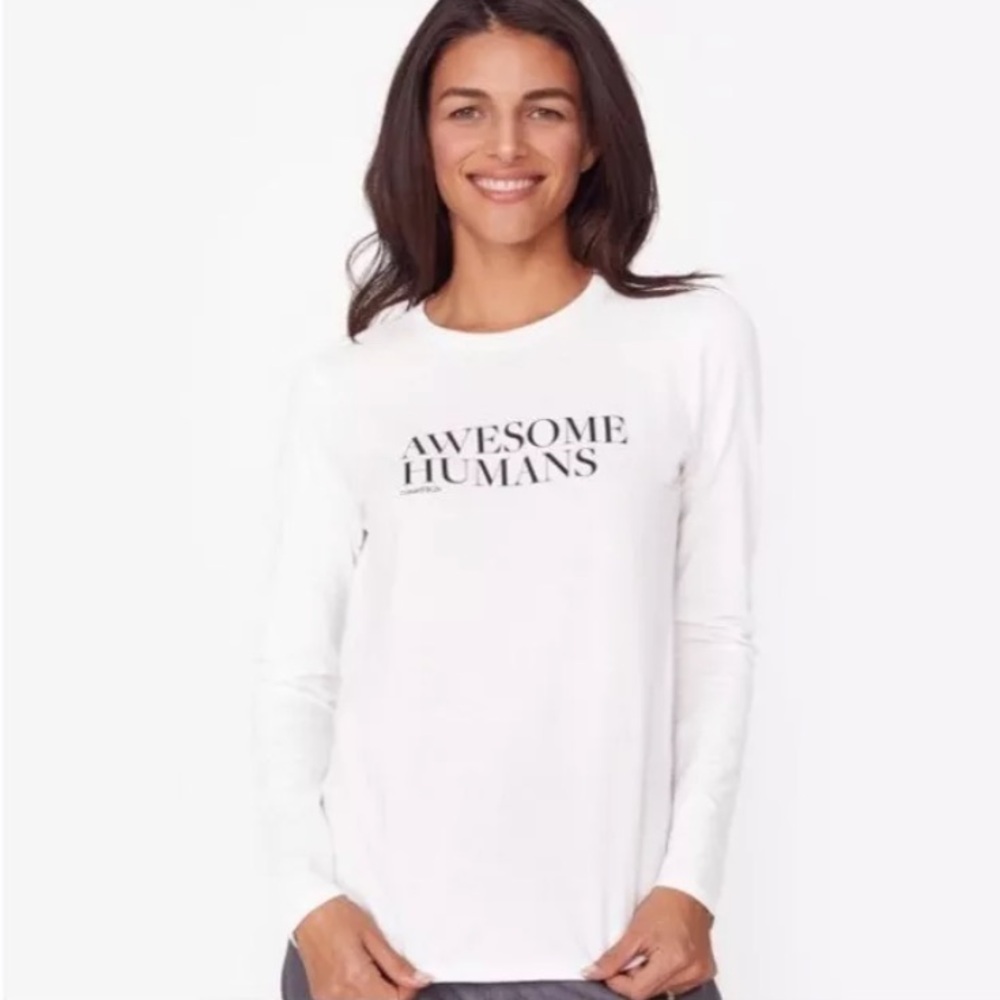 FIGS Awesome Humans Logo Long Sleeve White Cotton Tee